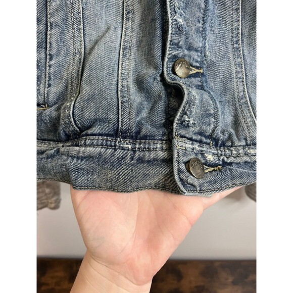 Free People Women’s Blue Denim Distressed Hooded Jacket Sz Small Removable Hood - Picture 2 of 8